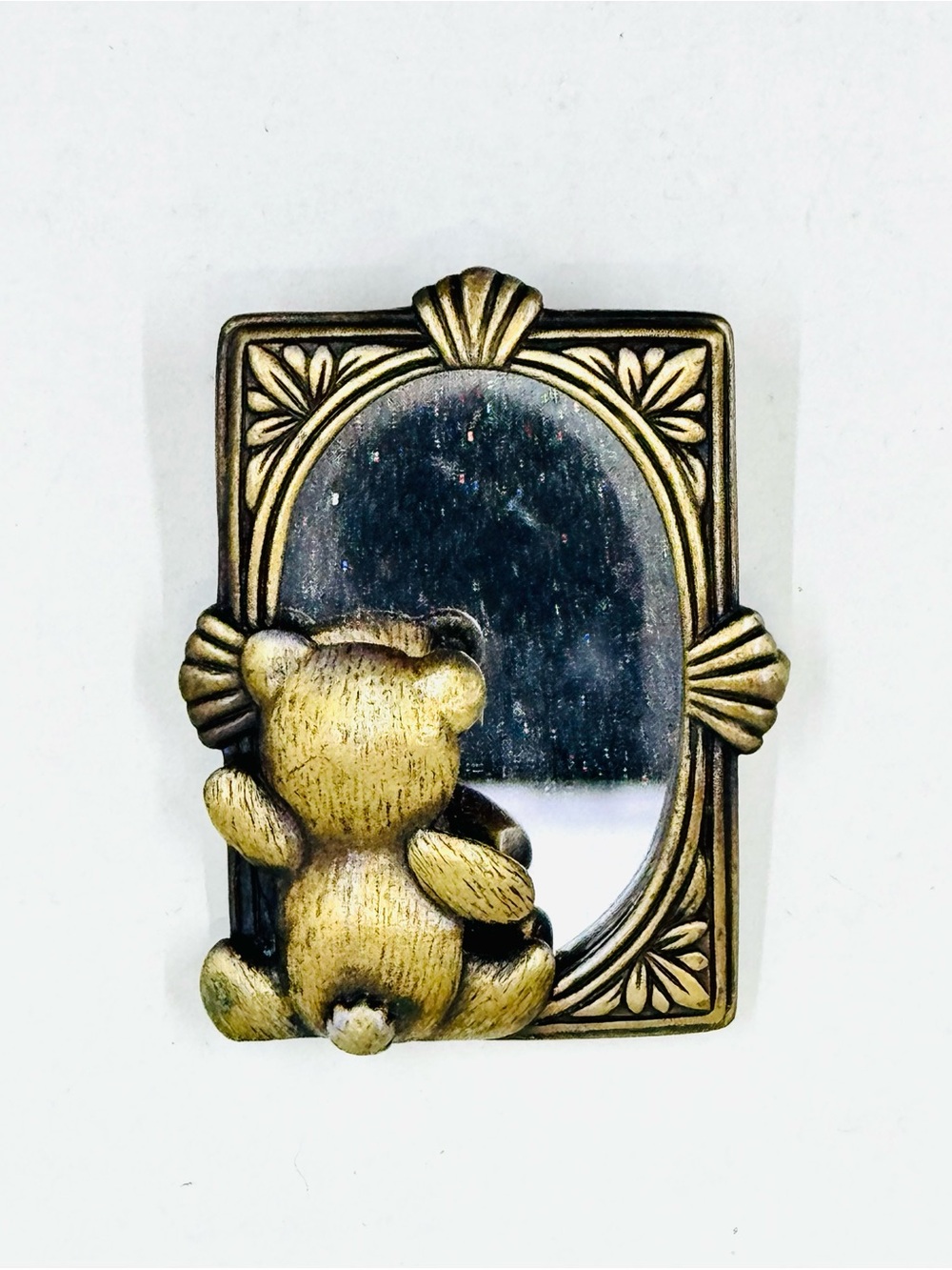 JJ Jonette Vintage Gold-Tone Teddy Bear Looking in the Mirror Brooch